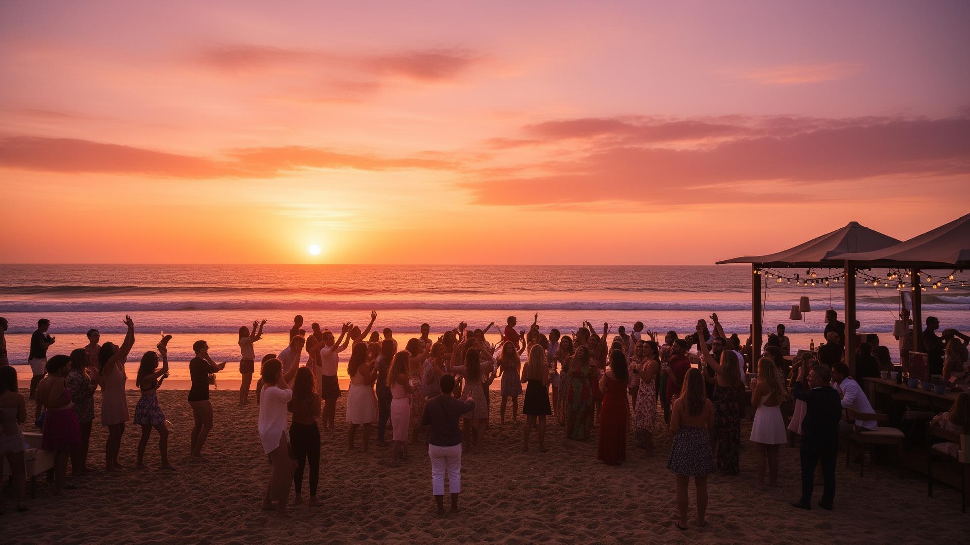 Crowd dancing on Carcavelos beach as the sun sets over the Atlantic