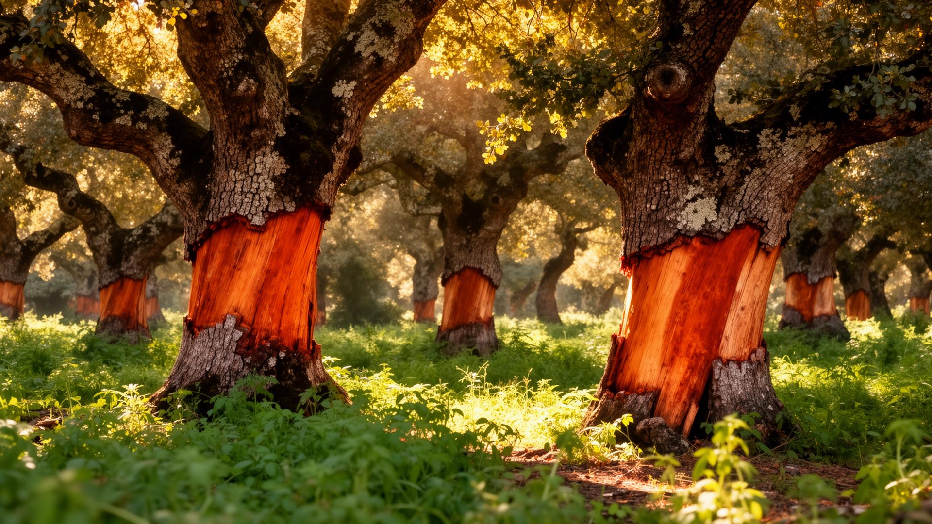 Mature cork oak trees in a Portuguese forest