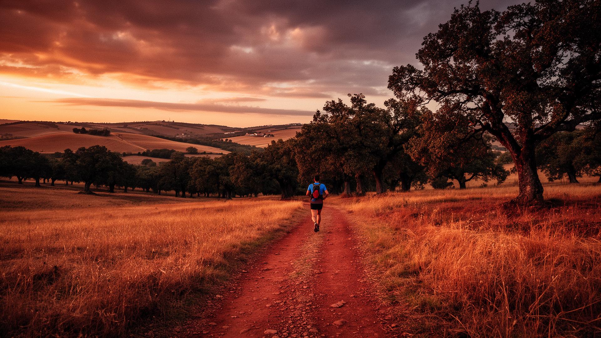 A solo runner crossing the golden Portuguese countryside at dawn
